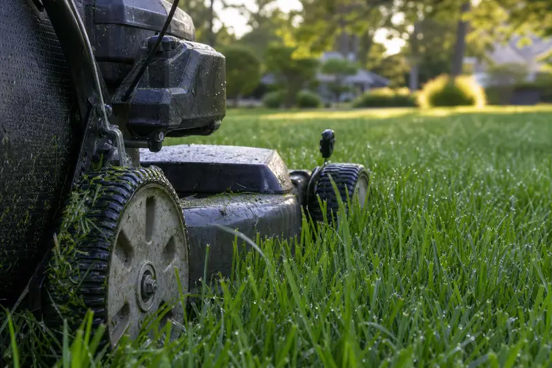 Close up of a lawn mower mulching clippings back into dew covered grass in Fairfield County Ohio