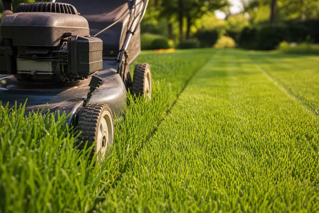 Professional lawn mower creating clean stripes on a residential lawn in Lancaster, Ohio