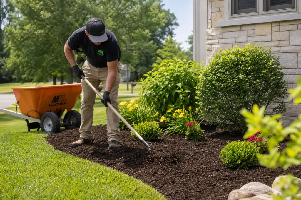 Professional mulch installation in Lancaster, Ohio with fresh mulch being installed around landscape beds