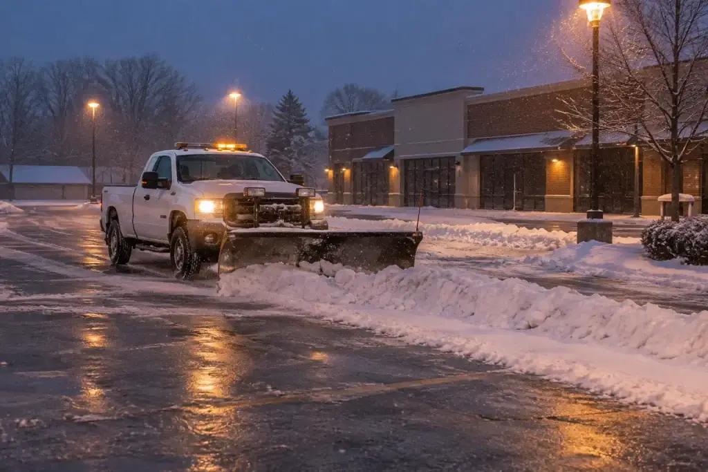 commercial snow removal plow truck clearing a retail parking lot at dawn in Lancaster Ohio (AI-generated image)commercial snow removal plow truck clearing a retail parking lot at dawn in Lancaster Ohio (AI-generated image)